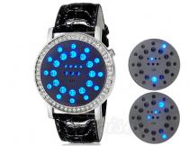 stihlvolle LED Luxusuhr Herren - Kristalle eingearbeitet - blaues Licht - schwarzes Lederarmband